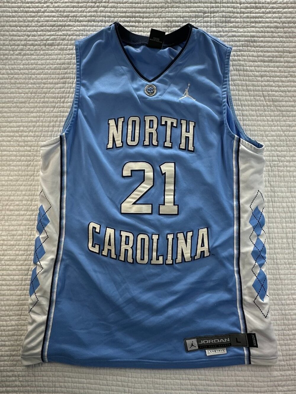 Jordan UNC North Carolina Tar Heels Basketball Jersey #21 Blue Mens L +2 Length